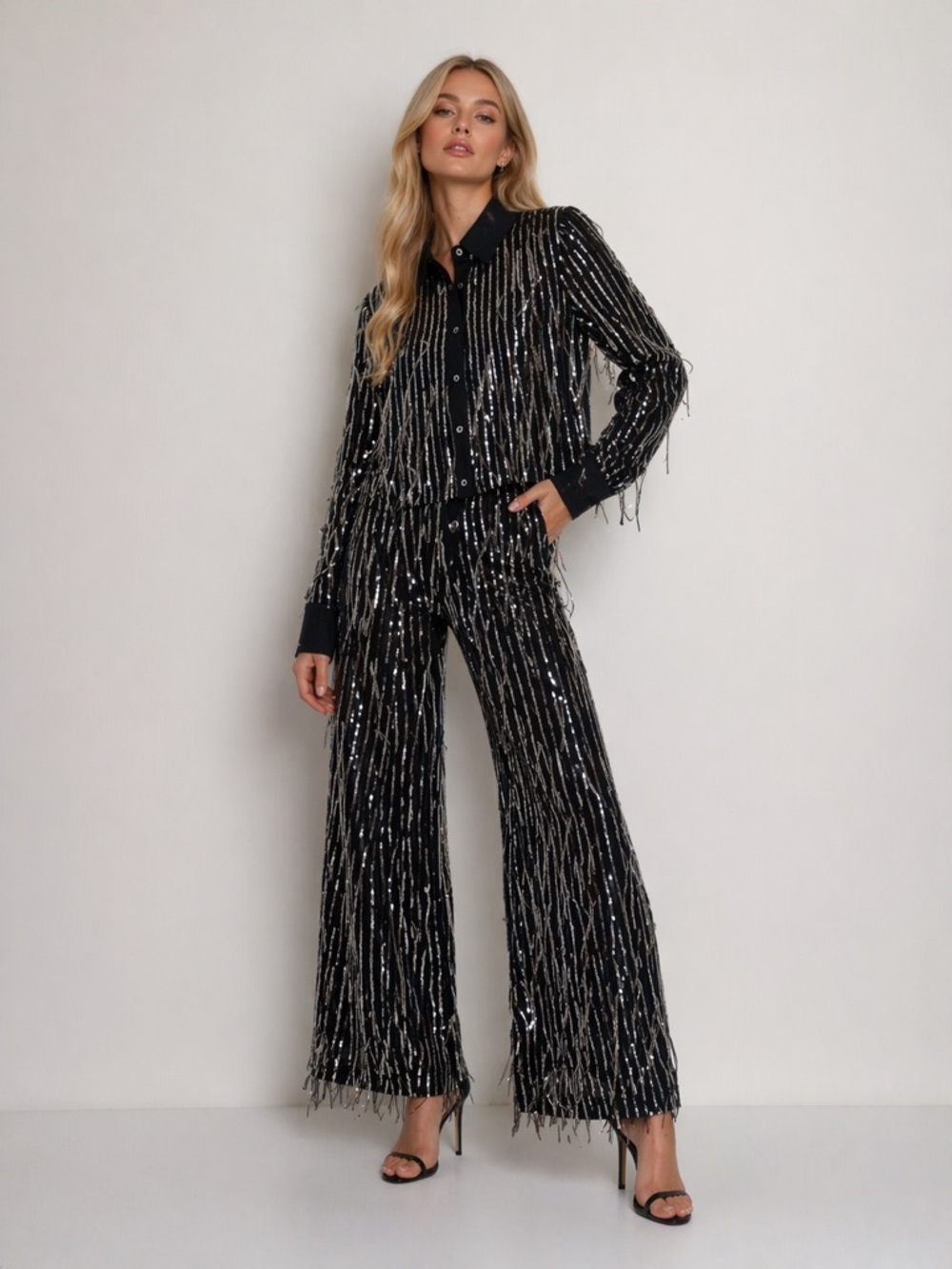 AKIRA Black Sequin Fringe Set ✨ Crop Top + Wide Leg Pants | S/M | Glam Party